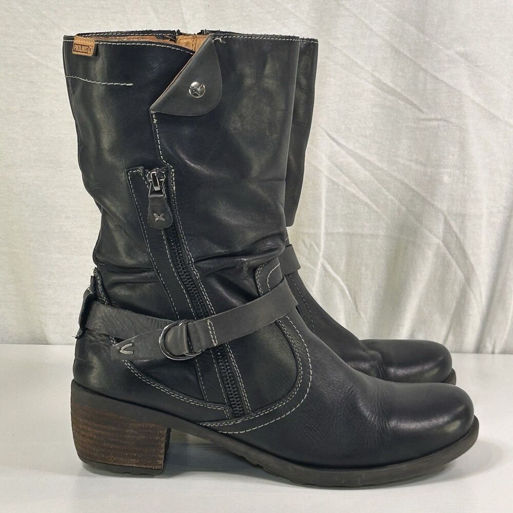 PIKOLINOS Black Leather Mid-Calf Heeled Boots